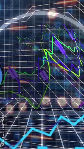Vertical video: ANALYSING label and scrolling data starting finance charts rotating, tracing trends