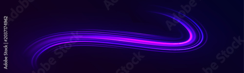 A vibrant neon tunnel shines with flowing electric light streaks and curves. Purple and blue gradients illuminate the dark abstract background beautifully.