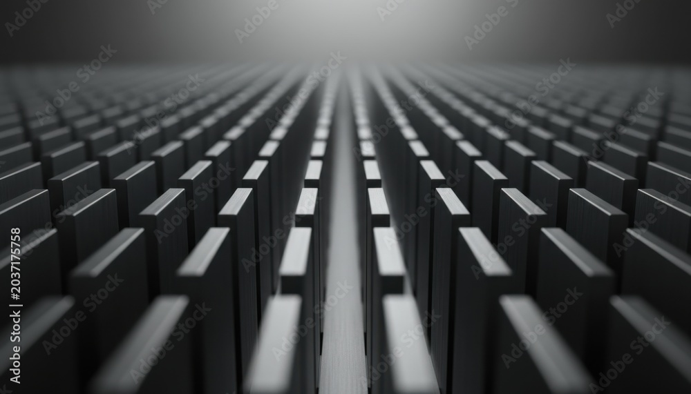 Fototapeta premium Symmetrical grid pattern of small black rectangular blocks stretching into a blurred perspective background