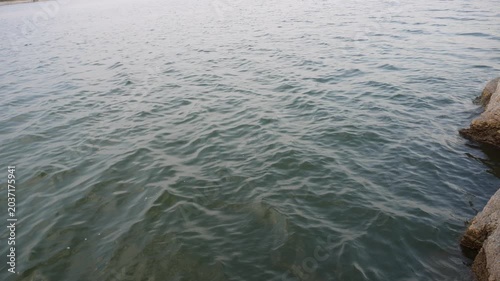 Natural lake water surface beside rocky shoreline video