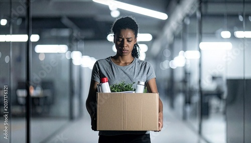 A sad female employee holding a cardboard box of personal belongings after being fired from a modern corporate workplace.