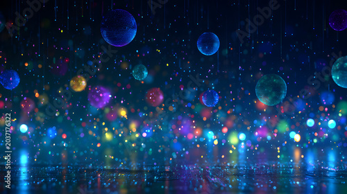 Futuristic event background with colorful data orbs and abstract technology celebration