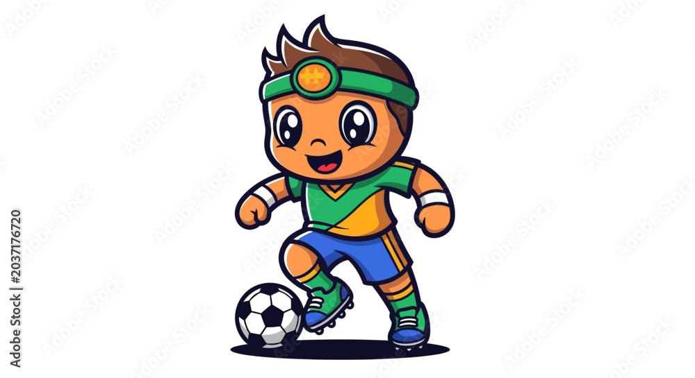 Fototapeta premium Dynamic vector illustration of a cheerful cartoon soccer player mascot happily dribbling a ball on a white background, perfect for sports-themed designs and children's content