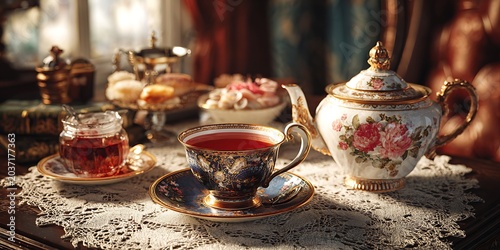 Elegant Afternoon Tea Fine China Cakes and Warm Beverages
