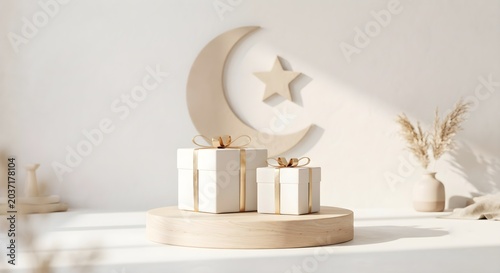 Minimalist Beige Eid Gift Display with Moon Arch
