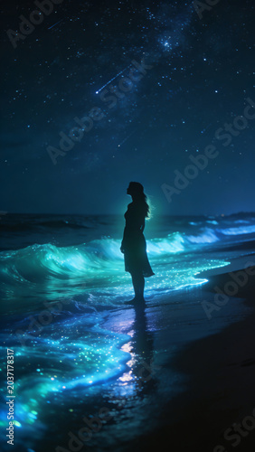 silhouette of a man walking on the beach at night