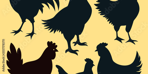 Set of chicken silhouettes. Rooster and hens. Collection of icon poultry in different poses. Vector illustration isolated on a white background

