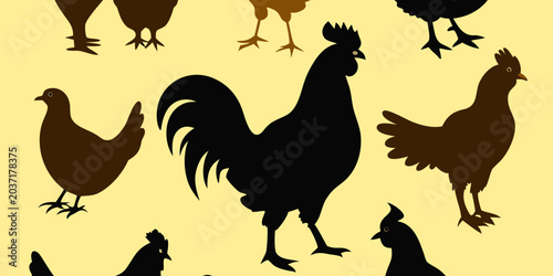 Set of chicken silhouettes. Rooster and hens. Collection of icon poultry in different poses. Vector illustration isolated on a white background

