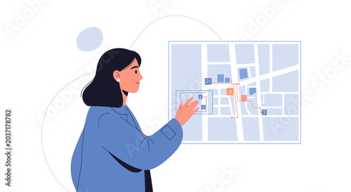 Woman Using Interactive Digital Map for Navigation and Planning