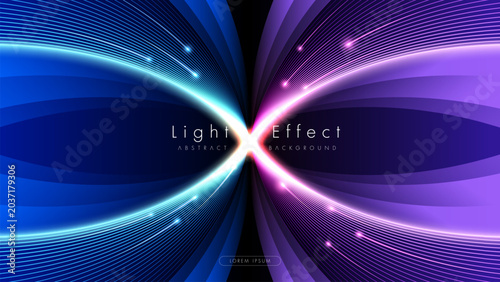 Futuristic abstract blue and purple background with glowing infinity light effect and data flow lines.