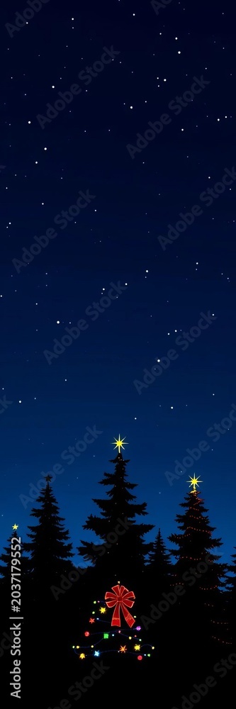 Fototapeta premium Silhouettes of Christmas trees with sparkling stars and festive decorations against a dark blue sky, snowflakes, ||winter