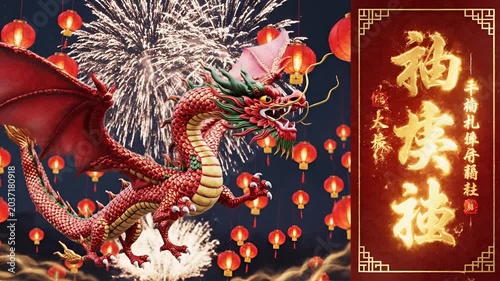 Vibrant Chinese New Year Dragon Dance with Fireworks and Lanterns.