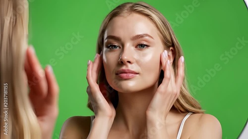 Young Woman Applying Skincare Product in Front of Mirror on Green Screen.