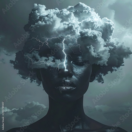 A person's head with stormy clouds and lightning replacing hair