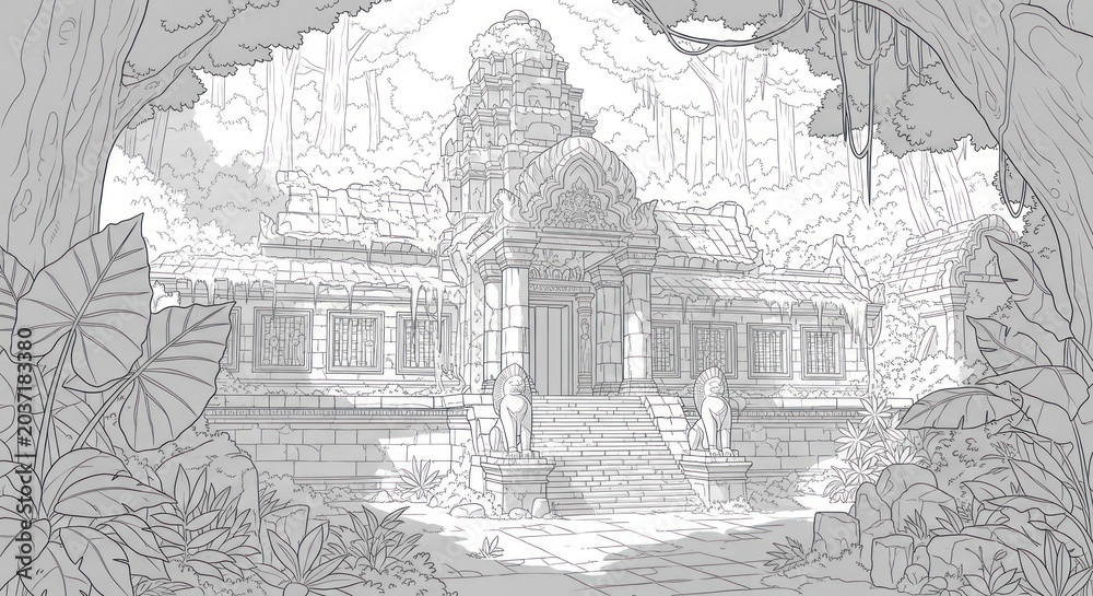 Obraz premium Sketch of ancient temple surrounded by lush jungle scenery