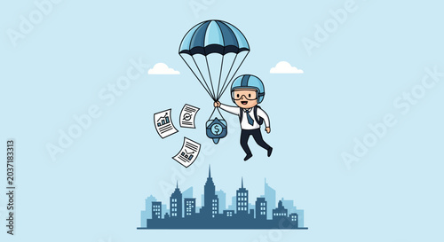 Cartoon Mascot Safely Launching with Parachute, Vector Illustration Isolated