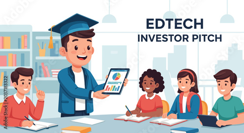 Friendly bookstore mascot character presenting an idea, vector illustration for promotions