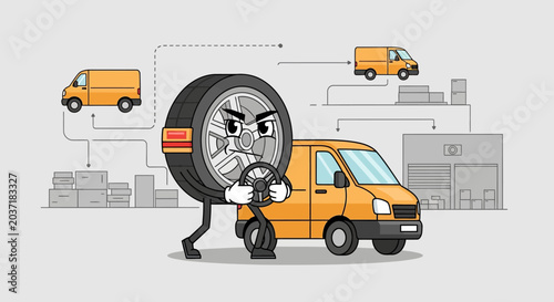 Dynamic wheel mascot character driving a futuristic vehicle representing advanced logistics and delivery services
