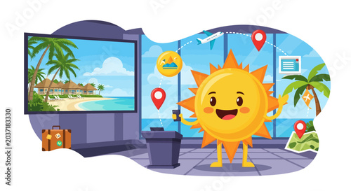 Energetic Sun Mascot Promoting Tourism and Travel Adventures for Summer Holidays