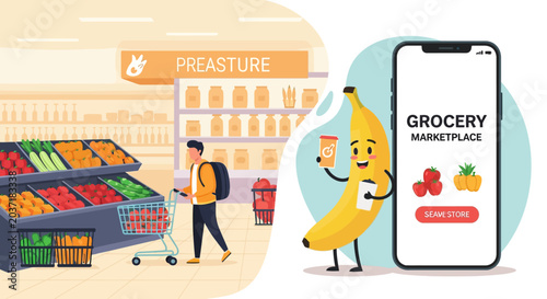 Friendly Banana Mascot Introducing Groceries With Energetic Animation