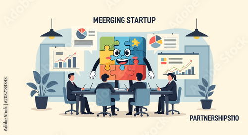 Startup mascot merging puzzle pieces symbolizing collaboration and innovation for business growth