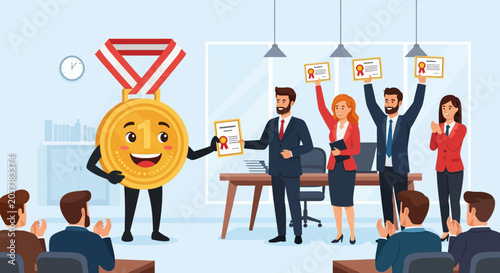 Celebrating Startup Success with a Victorious Medal Mascot and Rewarding Achievement