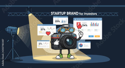 Energetic Camera Mascot Promoting Technology Startup Success