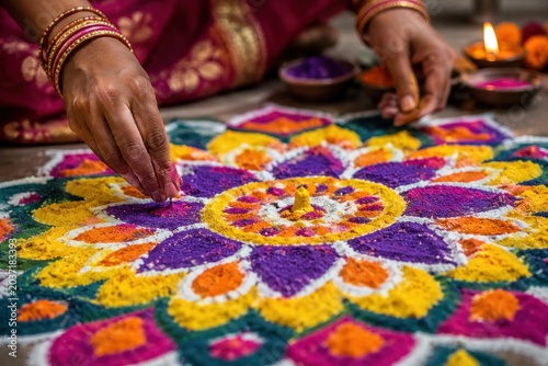 close up hands arranging colorful rangoli powder into detailed floral mandala, cultural craft activity,