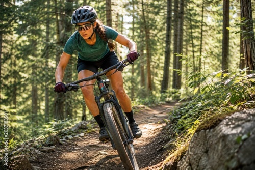 young woman riding mountain bike through forest trail, adventure cycling lifestyle, sunlight filtering through trees, realistic outdoor sports photography
