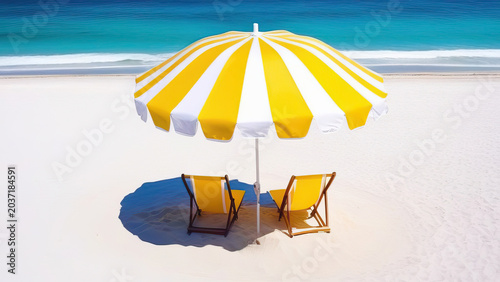 A tranquil beach scene with a focus on a single yellow and white striped umbrella providing shade over two matching chairs.