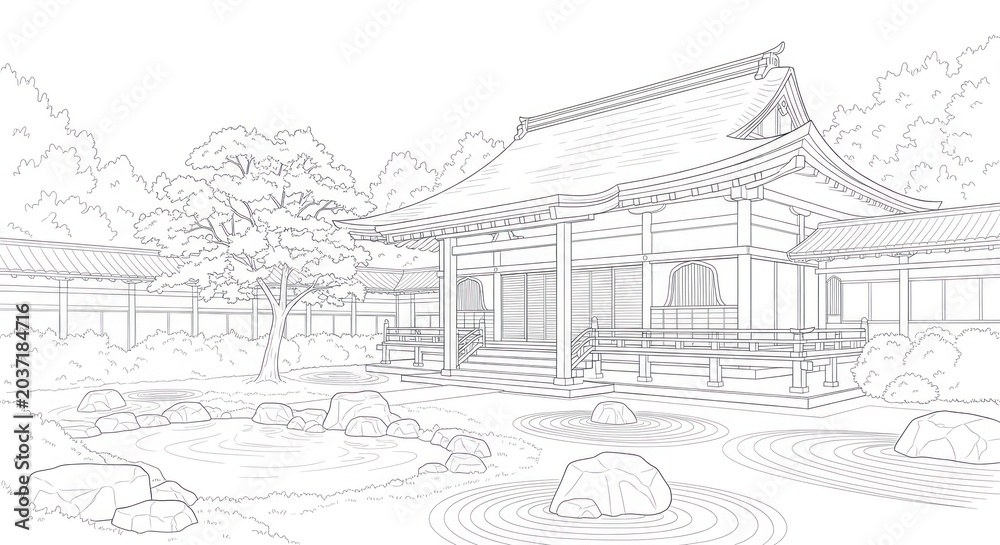 Fototapeta premium Traditional wooden temple with ornate roof, surrounded by rocks and trees, in tranquil garden setting
