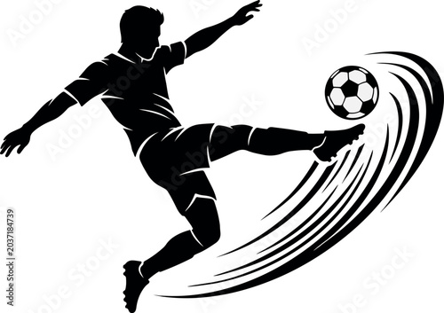 Принти на полотні Dynamic black silhouette of a fifa soccer player kicking a ball with motion line