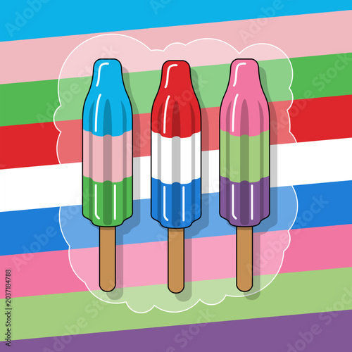 Rocket shaped ice cream or bomb pop ice cream with three flavors on a colorful striped background. National Bomb Pop Day, June.