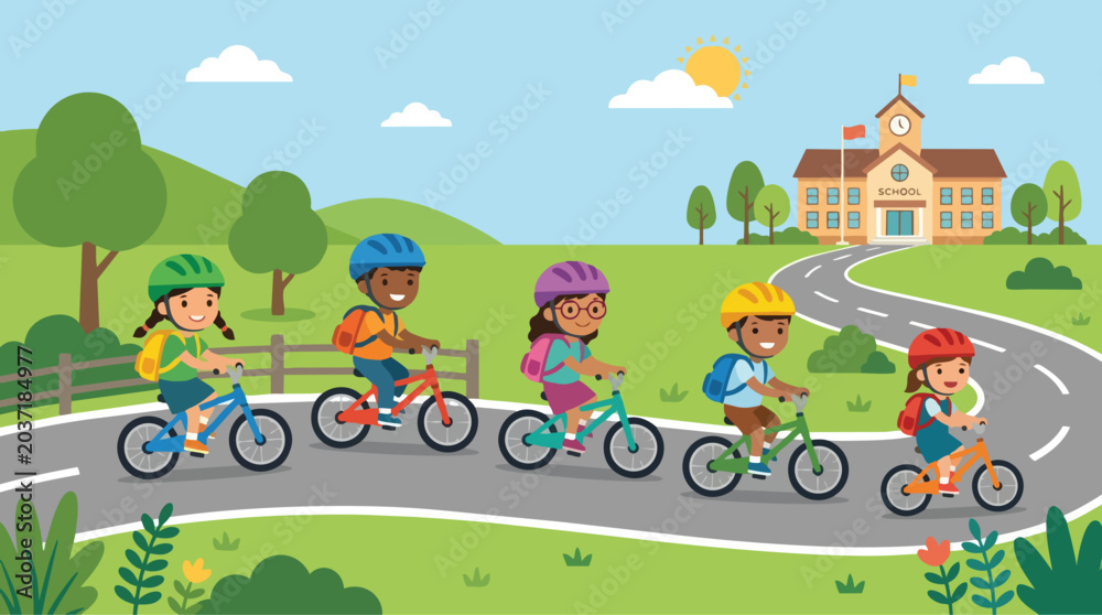 Fototapeta premium Kids Bike Active Mobility Fun School Journey, Group Of Children Riding Bicycles Towards Educational Building On A Sunny Day, Concept Of Healthy Lifestyle And Transportation