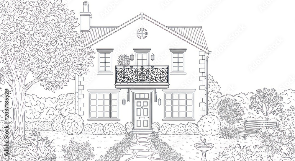 Fototapeta premium Elegant large two-story house with front garden, balcony, trees