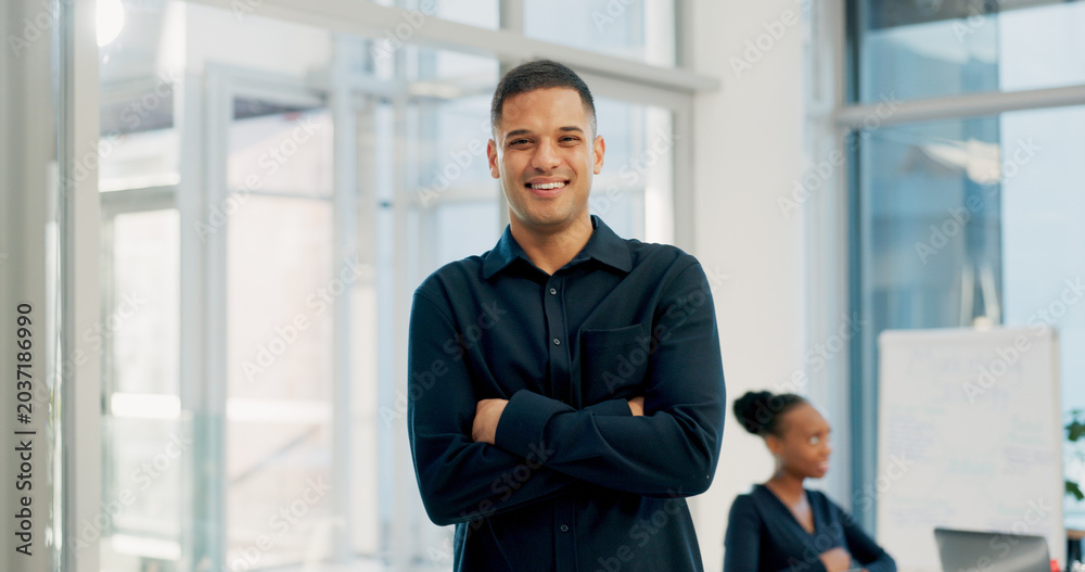 Fototapeta premium Smile, man and lawyer with arms crossed in meeting for career pride, about us and legal advisory. Portrait, person and attorney with confidence, positive attitude and representative for corporate law