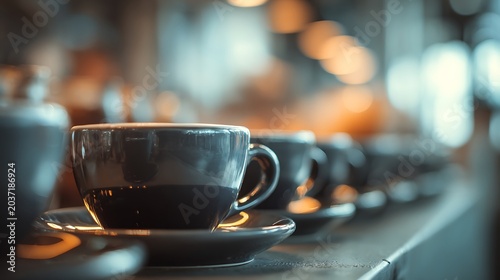 A row of dark coffee cups lined up on a counter in a cafe.