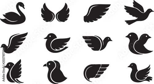 Comprehensive collection of black silhouette illustrations featuring diverse human figures, various icons, and creative shapes isolated on white background for vector graphic design.