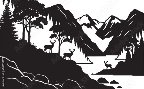 Silhouette illustration of a scenic fjord with steep mountains reflecting in calm water, minimalist landscape vector art featuring high cliffs and a serene nordic environment.