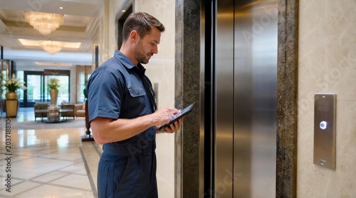 Man in uniform using tablet near elevator