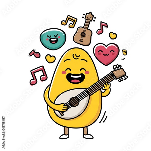Cute cartoon illustration of a happy musician playing guitar with musical notes.