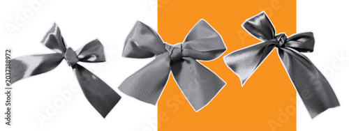 A silk ribbon with a bow tied in a knot. A satin decorative element for gift wrapping. A cut-out piece of craft paper for collage or scrapbooking. A silver, flattering halftone bow. Vector.
