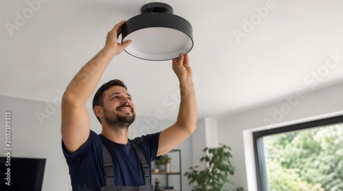 Man installing modern ceiling light fixture