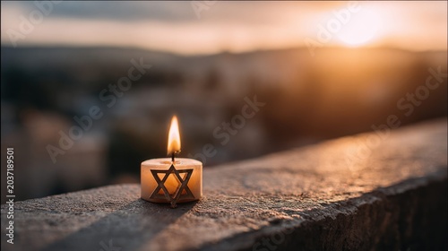 Single lit candle with Star of David symbol against a blurred sunset background