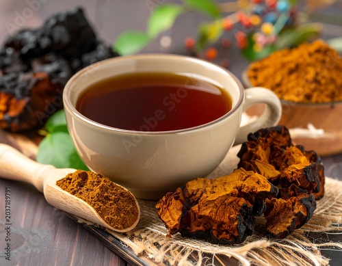 Close-up of a cup of dark brown beverage surrounded by mushroom chunks, powder, and leaves on a wooden surface