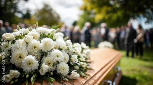 Funeral service with a coffin adorned with white flowers and mourners gathered outdoors