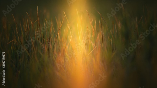 Golden sunlight shining through tall grass in a serene natural landscape