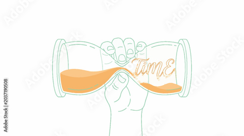 Hand holding a horizontal hourglass with the word Time written in cursive script inside the glass container as a vector illustration