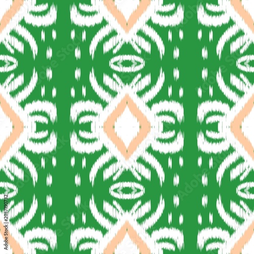Green and Peach Ikat Seamless Pattern Traditional Ethnic Textile Design