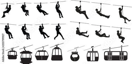 Foto Zip Line Rider and Cable Car Collection: A dynamic compilation featuring silhouettes of individuals zip-lining and various cable car designs, illustrating adventure and transport